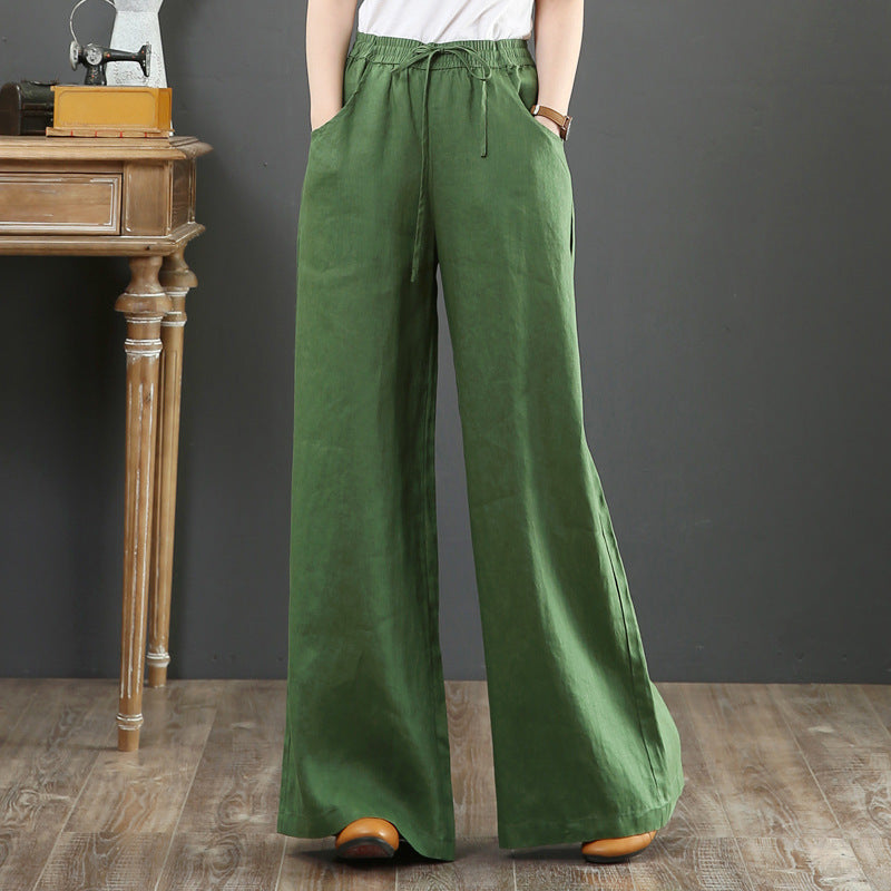 Women Fashion Casual Solid Color Cotton Linen High Waist Wide Leg Pants