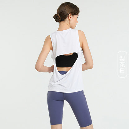 Women Casual Loose Solid Color Round Neck Sleeveless Back Cut Out Sports Tank Top