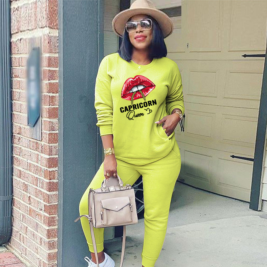 Conjunto deportivo de dos piezas para mujer, moda deportiva, sudadera de manga larga con estampado de labios y letras, pantalones casuales