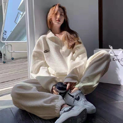 Conjunto deportivo de dos piezas para mujer: suéter tipo gofre, manga larga, top y pantalón