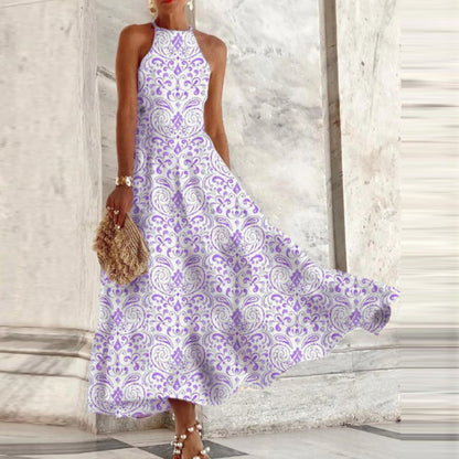 Vestido largo informal sin mangas con cuello halter y estampado floral chino vintage para mujer