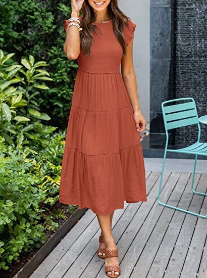 Summer Women Casual Boho Cap Sleeve Mid Length Short Sleeve Dress