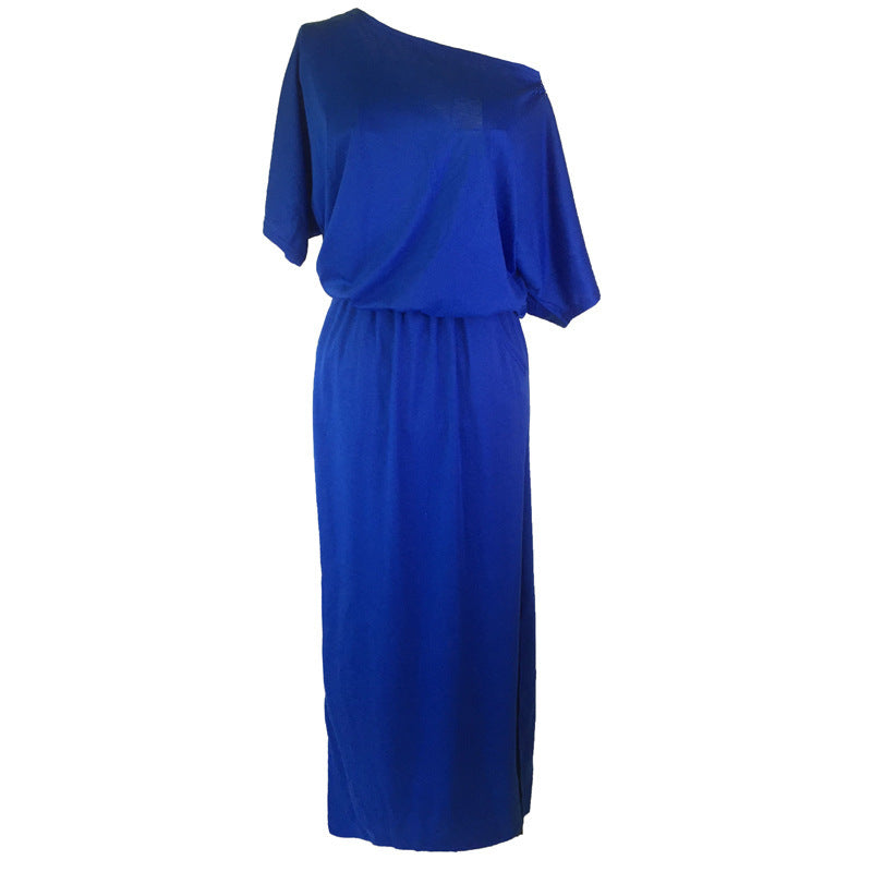 Women Casual Basic Solid Color Short Sleeve Summer Oblique Shoulder Side-slit Pocket Loose Dress