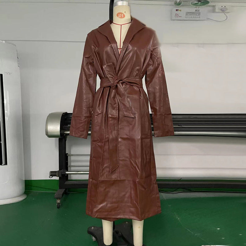 Chaqueta larga de cuero de color liso para mujer, gabardina informal