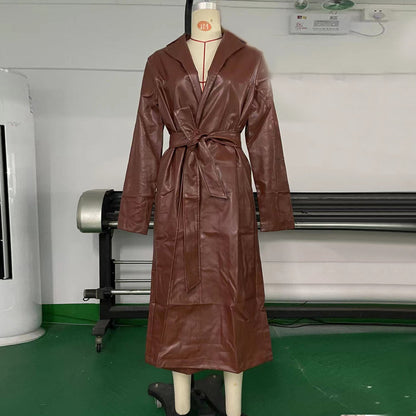 Chaqueta larga de cuero de color liso para mujer, gabardina informal