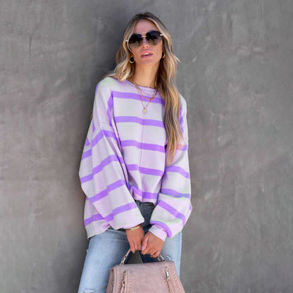 Autumn And Winter Fashion Stripe Print Long-Sleeved Casual Loose Top