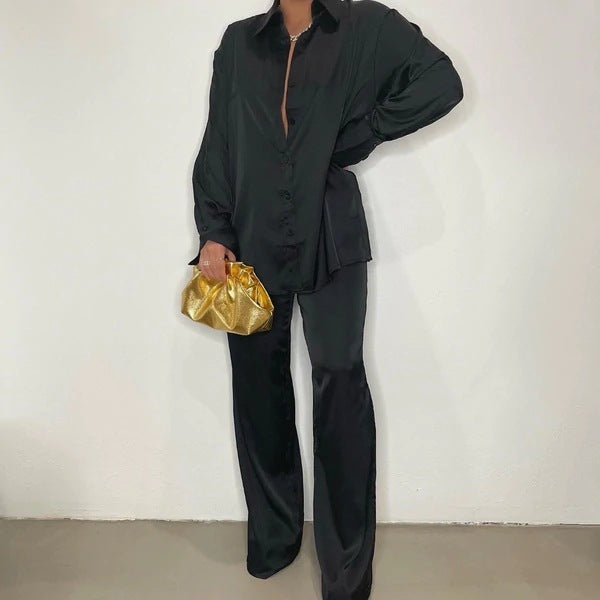 Conjunto de blusa y pantalón holgado de manga larga de satén multicolor básico informal de verano para mujer