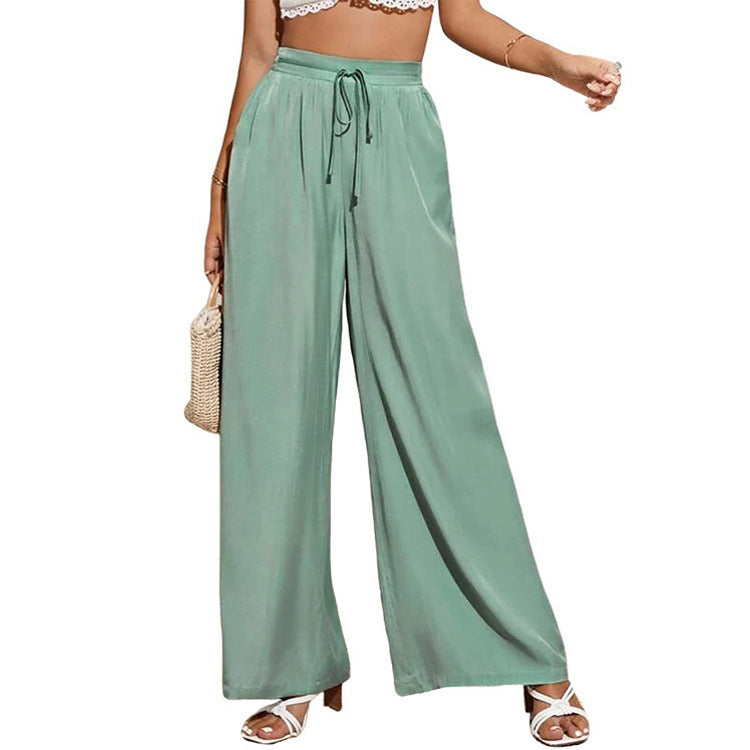 Women High Waist Casual Trousers Solid Color Elastic Waist Tie Loose Wide Leg Pants