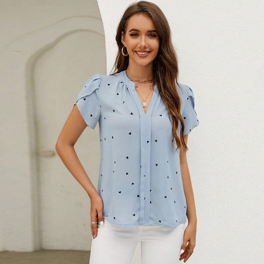 Blusas casuales de manga corta con cuello en V y estampado de corazones para mujer