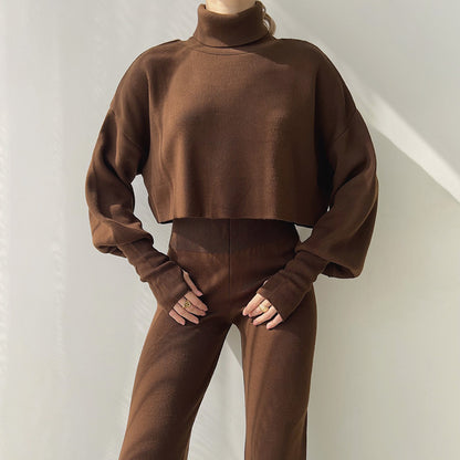 Autumn Winter Women Turtleneck Loose Long-Sleeved Top Pants Casual Fashion Set