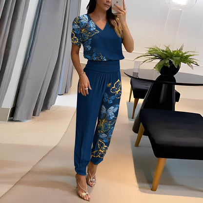Conjunto de dos piezas de blusa y pantalón de manga corta con cuello en V y estampado de bloques de color para mujer