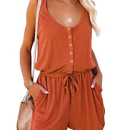 Women Sleeveless Waist Tie Casual Loose Wide Leg Short Rompers