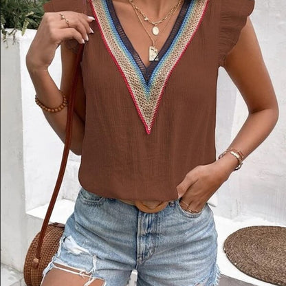 Blusa informal de moda para mujer con escote en V, encaje, color liso, volantes y mangas cortas