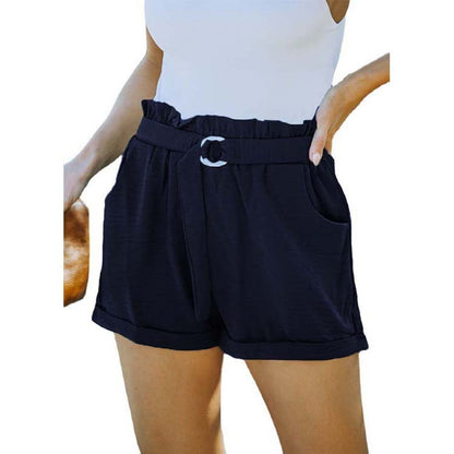Women Loose Waist Strap Pocket Solid Color High Waist Casual Shorts