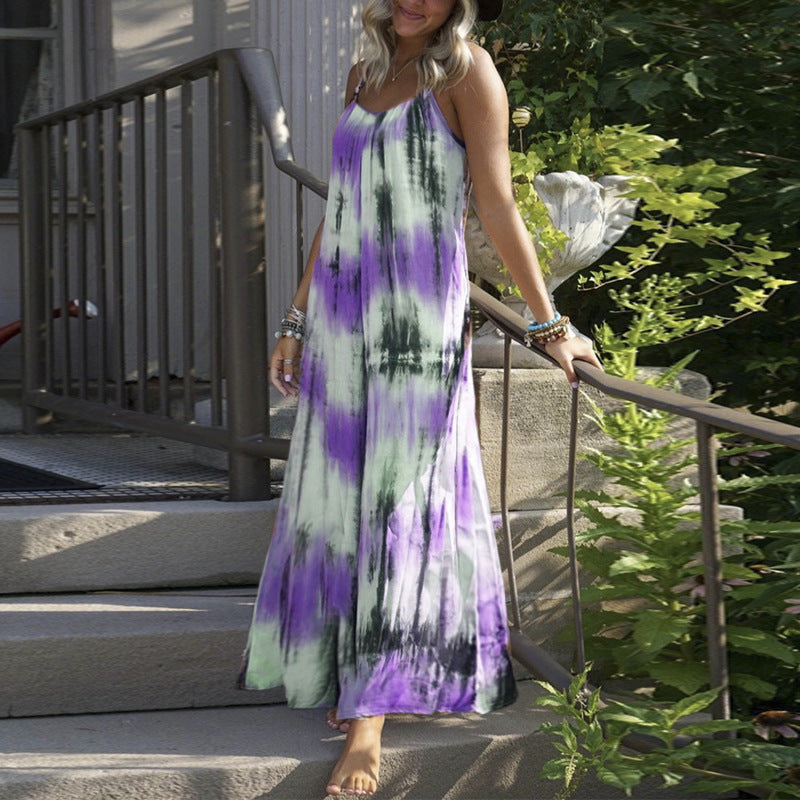 Women Fashion Casual Vacation Tie Dye Print Spaghetti Strap Maxi Loose Dress