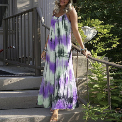 Women Fashion Casual Vacation Tie Dye Print Spaghetti Strap Maxi Loose Dress