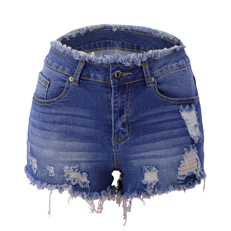 Pantalones cortos vaqueros de cintura media con borlas y cremallera rasgada para mujer