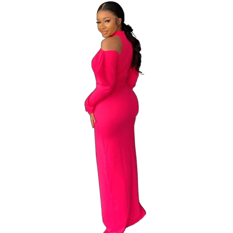 Women Fashion Casual Sexy Solid Color Cool-Shoulder Slit Invisible Zipper Maxi Dress Long Skirt With Belt