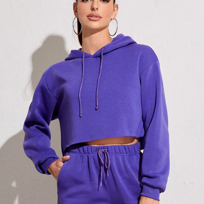 Sudadera corta básica informal de polar de color liso con mangas largas para mujer