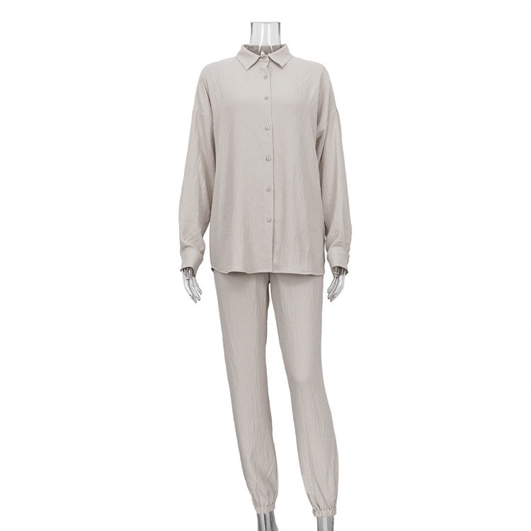 Conjunto de dos piezas de camisa de manga larga con solapa de color liso para mujer, pantalones bombachos y pantalón informal