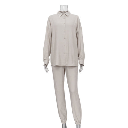 Conjunto de dos piezas de camisa de manga larga con solapa de color liso para mujer, pantalones bombachos y pantalón informal