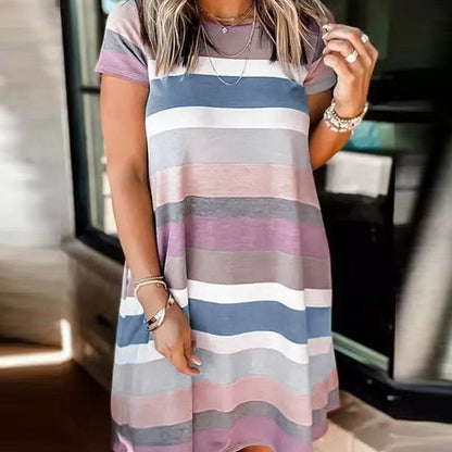 Summer Women Loose Casual Fashion Stripe Print Short Sleeve Dress