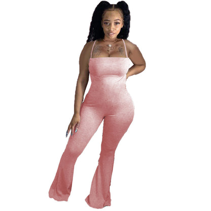 Women Solid Color Sling Skinny Flared Casual Jumpsuit