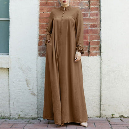Women Casual Solid Color Long Sleeve Collar Zip Cardigan Abaya Loose Maxi Dress