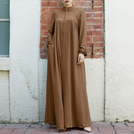 Vestido largo holgado tipo abaya informal de color liso con cuello y cremallera para mujer