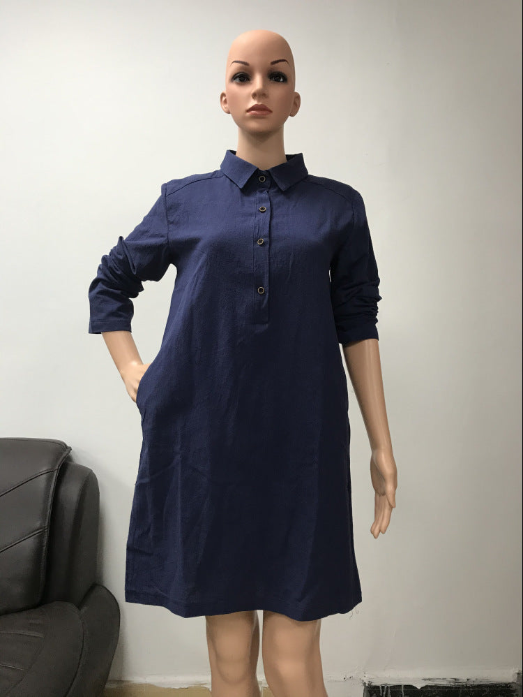 Women Solid Color Casual Basic Loose Long-Sleeved Shirt Dress