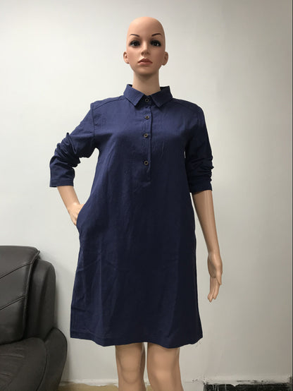 Women Solid Color Casual Basic Loose Long-Sleeved Shirt Dress