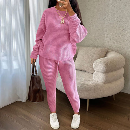 Fashion Casual Women Solid Color Knitted Long Sleeve Sweater And Pants Set