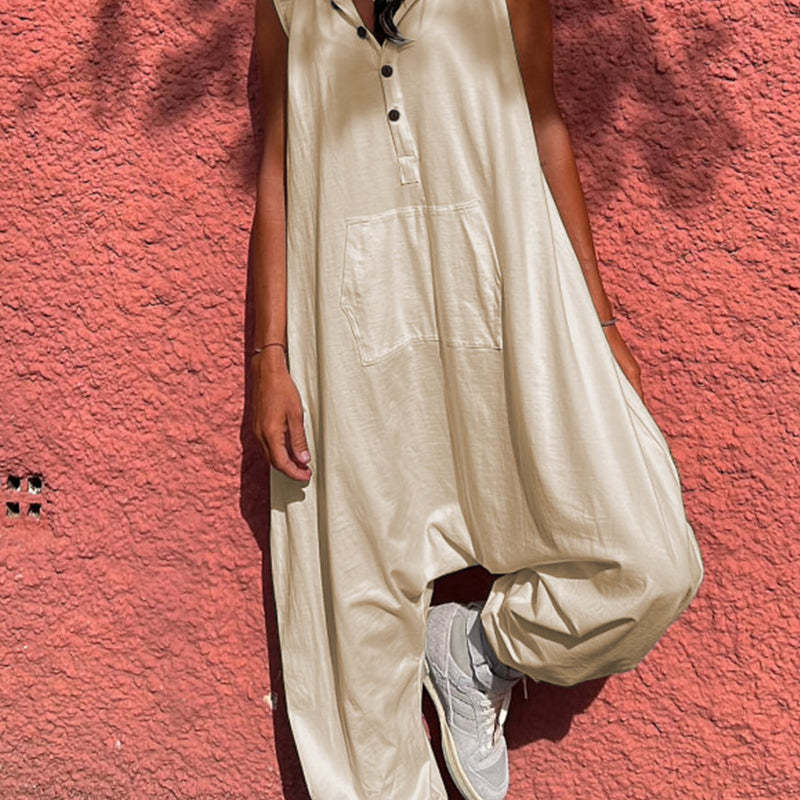 Women'S Fashion Solid Color Casual Hooded Single-Breasted Loose Jumpsuits