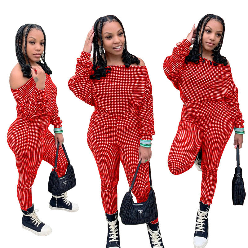 Conjunto de dos piezas de top y pantalón holgados informales de manga larga con cuello oblicuo y estampado a cuadros para mujer