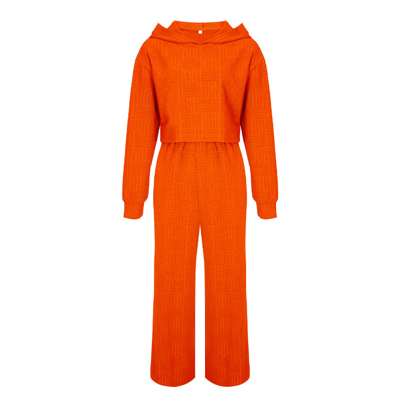Conjunto de dos piezas informal de color liso con capucha y pantalones de pierna ancha de manga larga para mujer