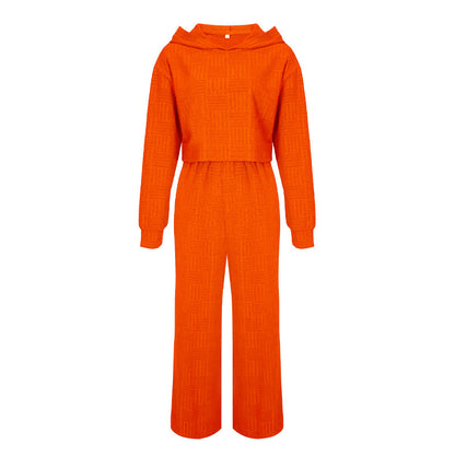 Conjunto de dos piezas informal de color liso con capucha y pantalones de pierna ancha de manga larga para mujer