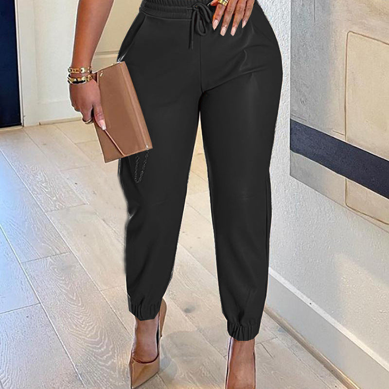 Women Solid Color PU Leather Drawstring Elastic Waist Casual Jogger Pants