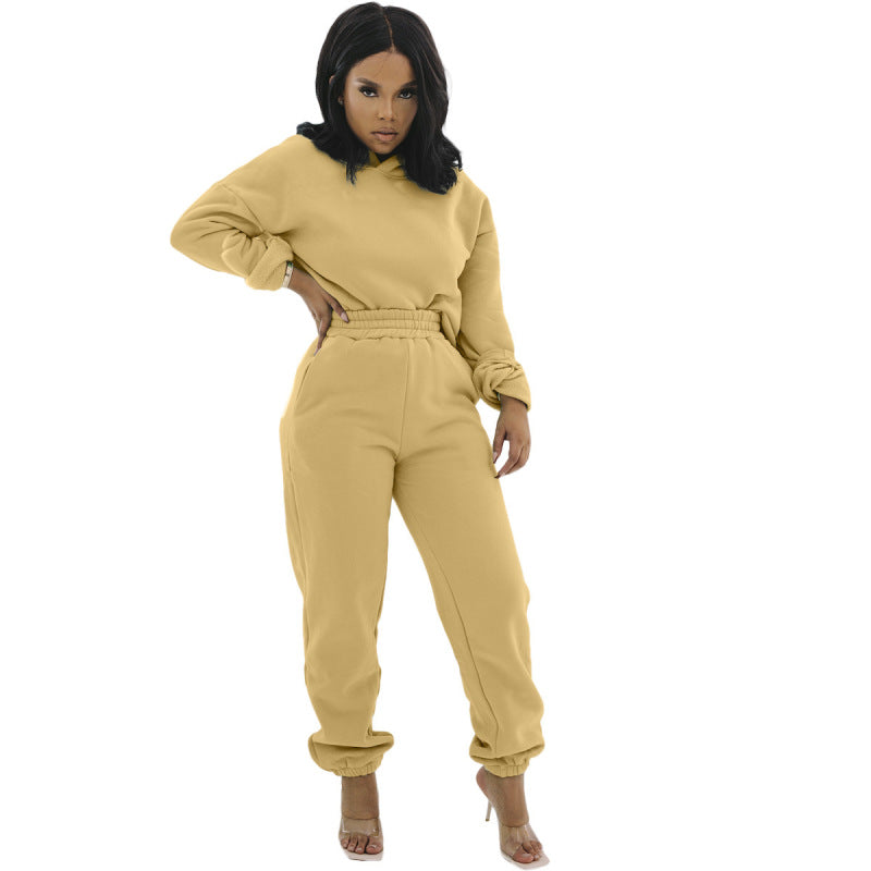 Conjunto deportivo informal de sudadera con capucha y pantalones de chándal de manga larga de color liso para mujer
