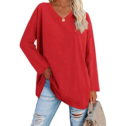 Camiseta informal de manga larga con cuello en V y color liso para mujer
