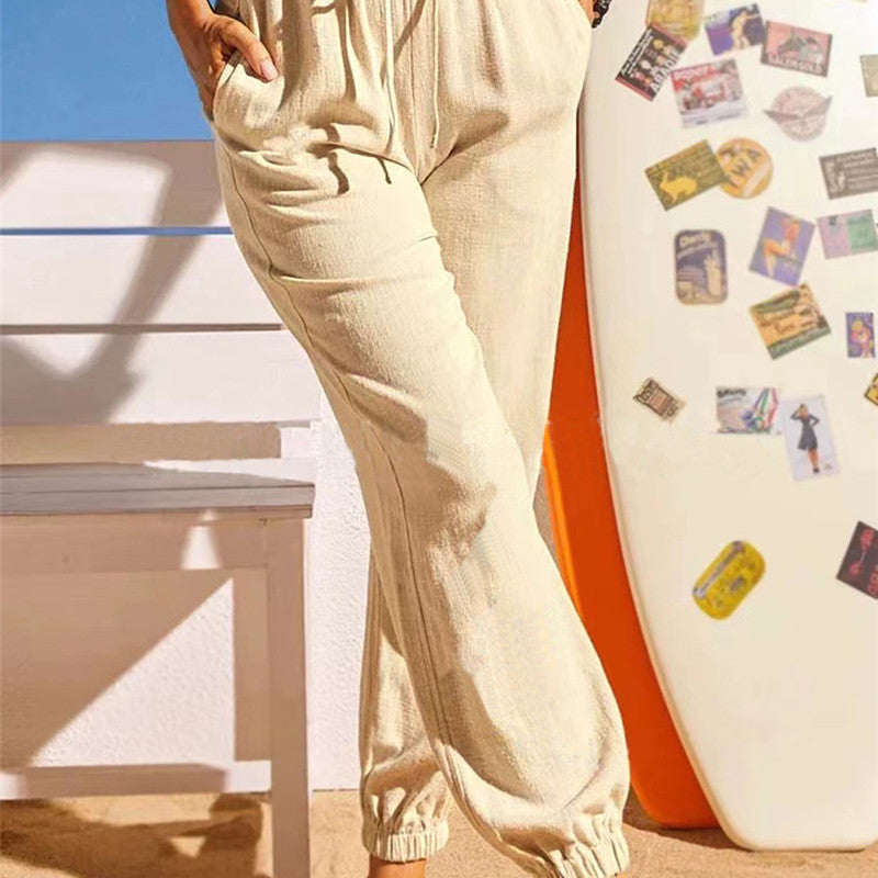 Women Fashion Casual Solid Color Elastic Waist Jogger Pants
