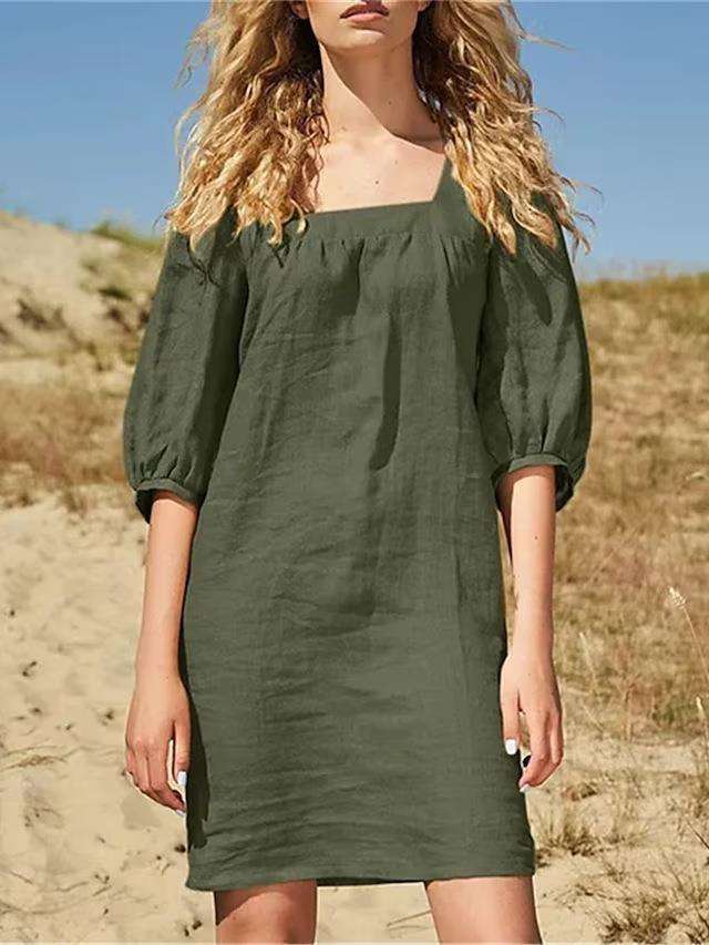 Women Fashion Casual Simple Square Collar Cotton Linen Puff Sleeve Slim Fit Dress