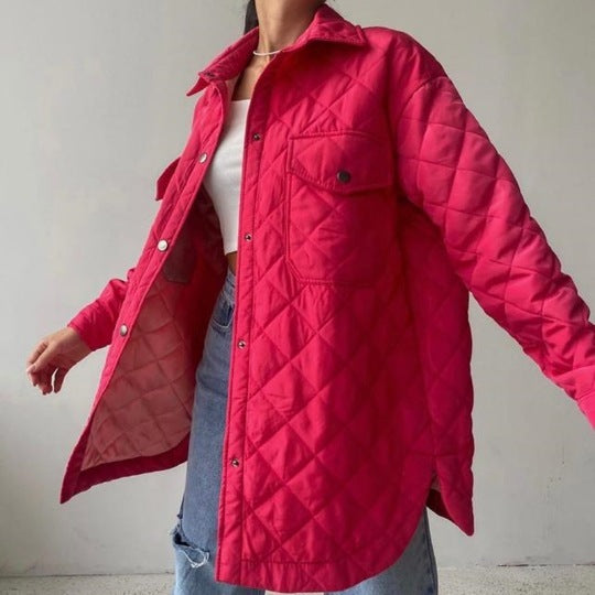 Autumn Winter Women Fashion Casual Loose-Breasted Lapel Warm Rhombic Quilted Jacket Coat