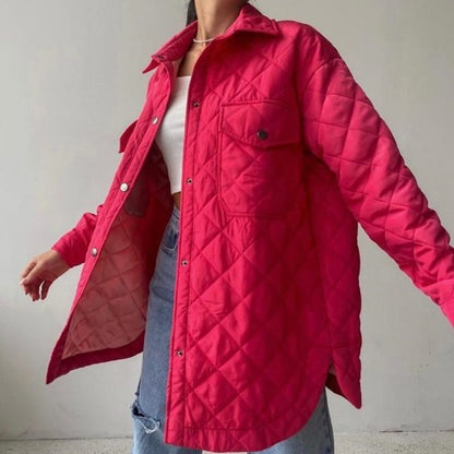 Autumn Winter Women Fashion Casual Loose-Breasted Lapel Warm Rhombic Quilted Jacket Coat