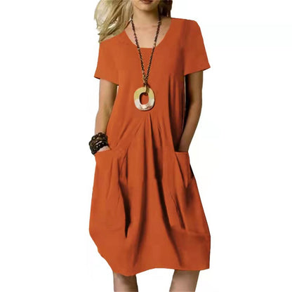 Women'S Fashion Casual Cotton Linen Solid Color Loose Round Neck Short Sleeve Dress