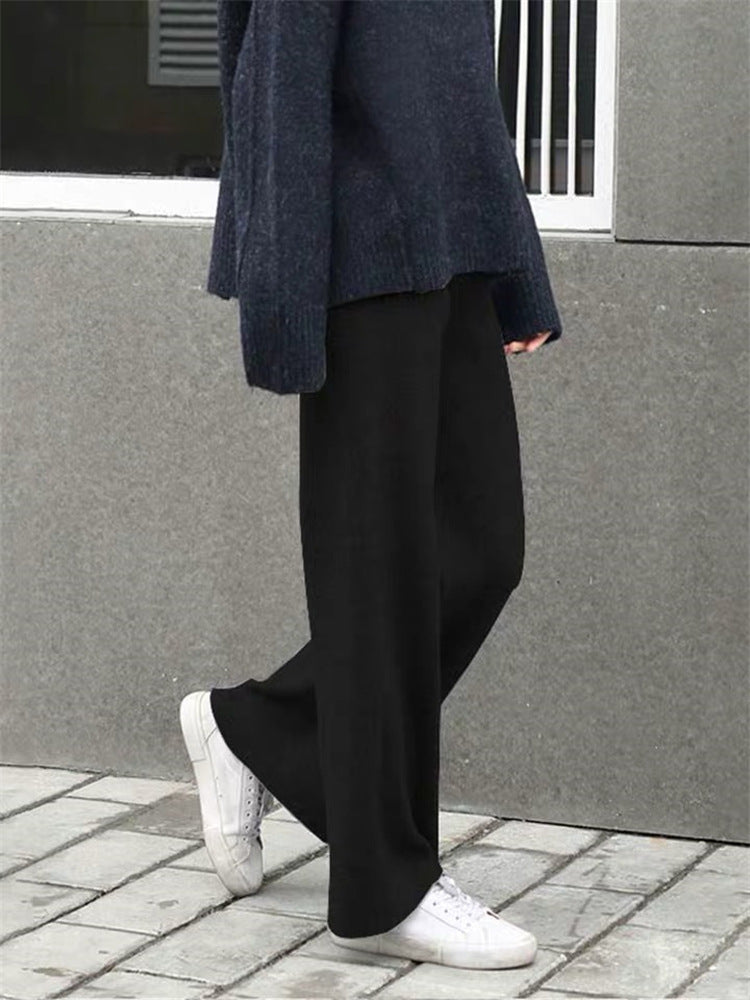 Women Casual Pants Thickened Knitted Wide-Leg High-Waisted Straight-Leg Pendant Long Pants