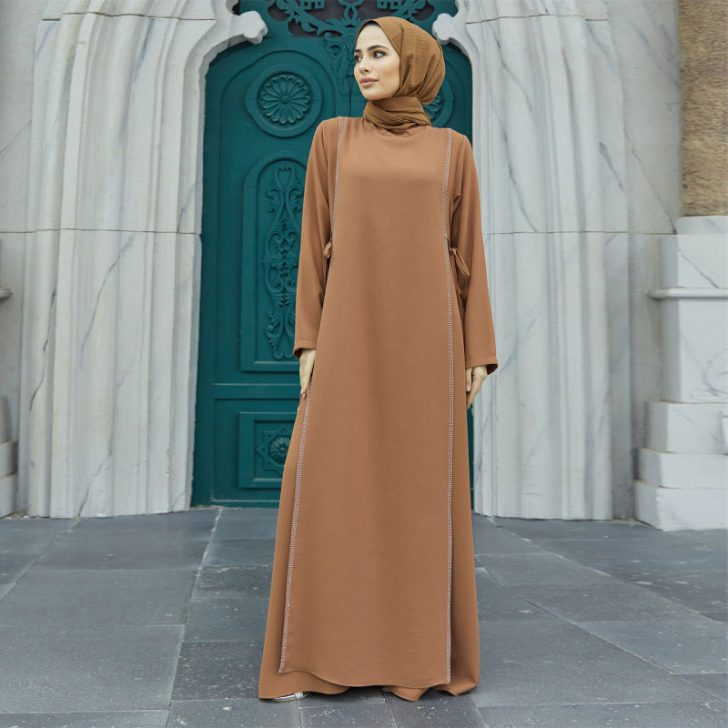 Women Casual Solid Color Rhinestone Abaya Long Sleeve Maxi Dress