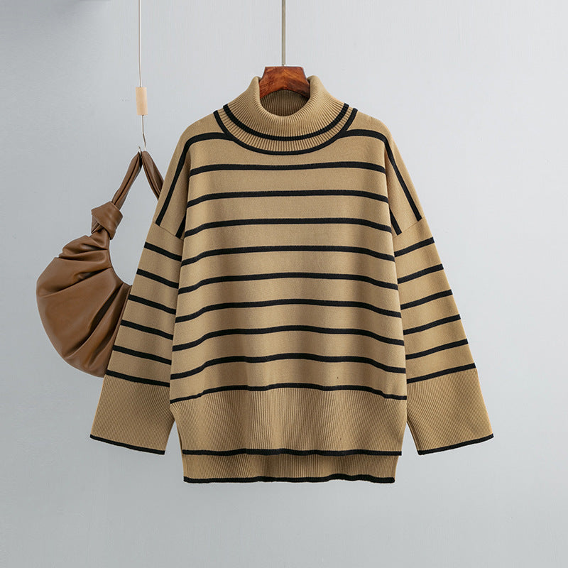 Autumn And Winter Women Casual Stripe Turtleneck Knitted Sweater