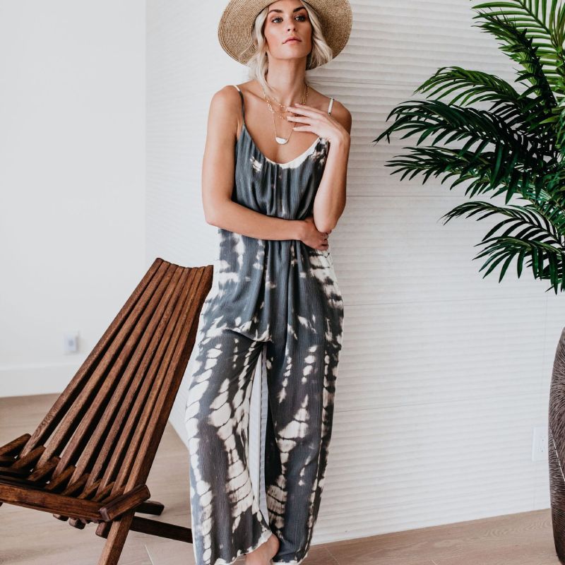 Women'S Fashion Casual Tie-Dye Leopard Printing Camisole Wide Leg Jumpsuit
