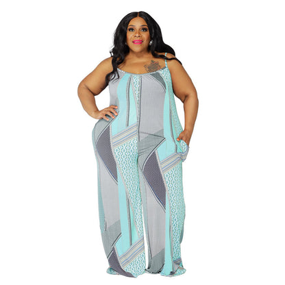 Plus Size Women Sling Print Loose Casual Jumpsuit