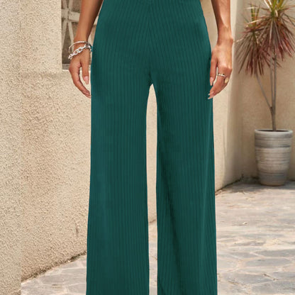 Pantalones anchos casuales elásticos de color liso para mujer
